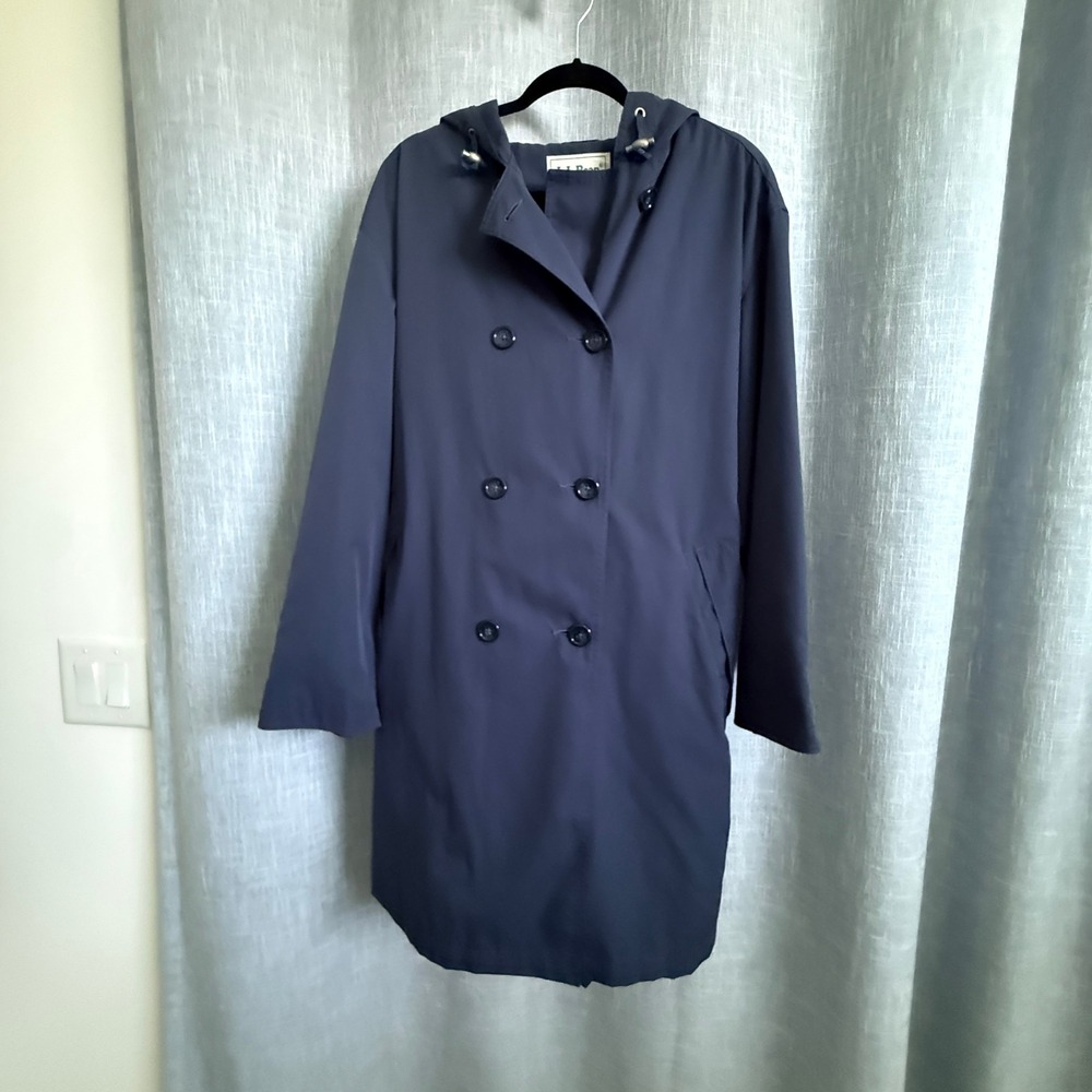 L.L. Bean Trench Coat Women XL Navy Blue Hooded Double Breasted Belted Jacket